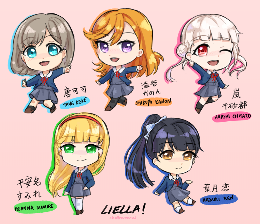 chibi liella! just some coloured sketches as a style test. i might do a solo chibi for sumire's...