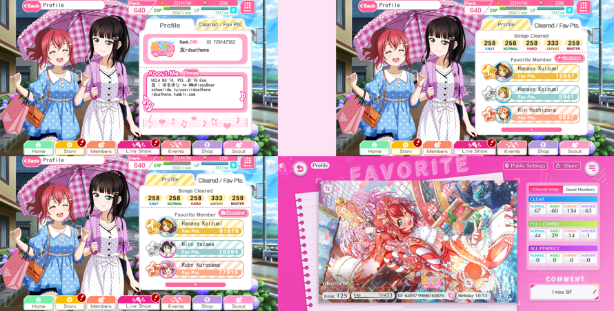 Still not over SIF and SIF2 being ended. 640 and 125. SIF was such a huge part of my life for years.