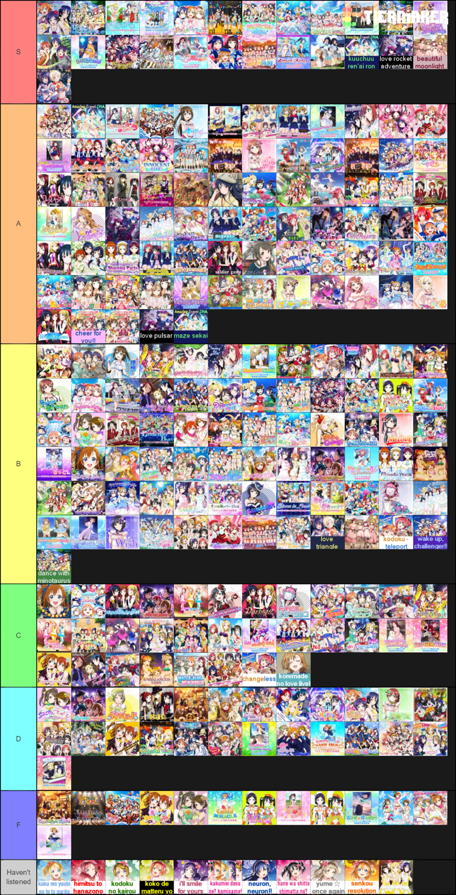 I made a tierlist of my own taste in LL music, you can find this on tiermaker by searching lovelive etc.