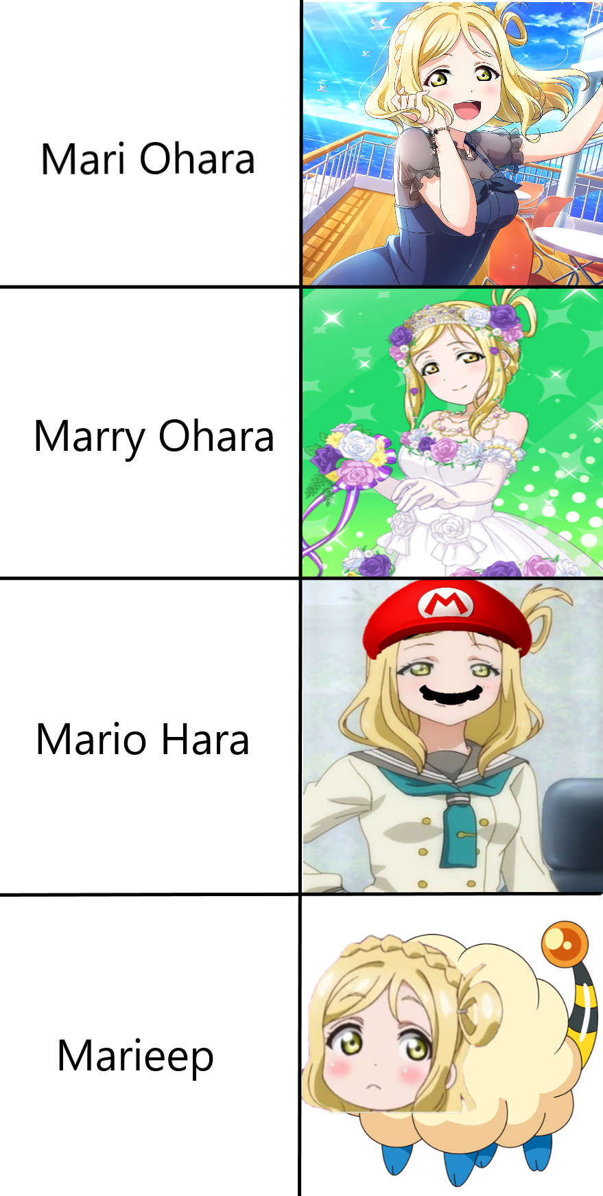 Meme I made depicting the many forms of our shiny goddess :3
