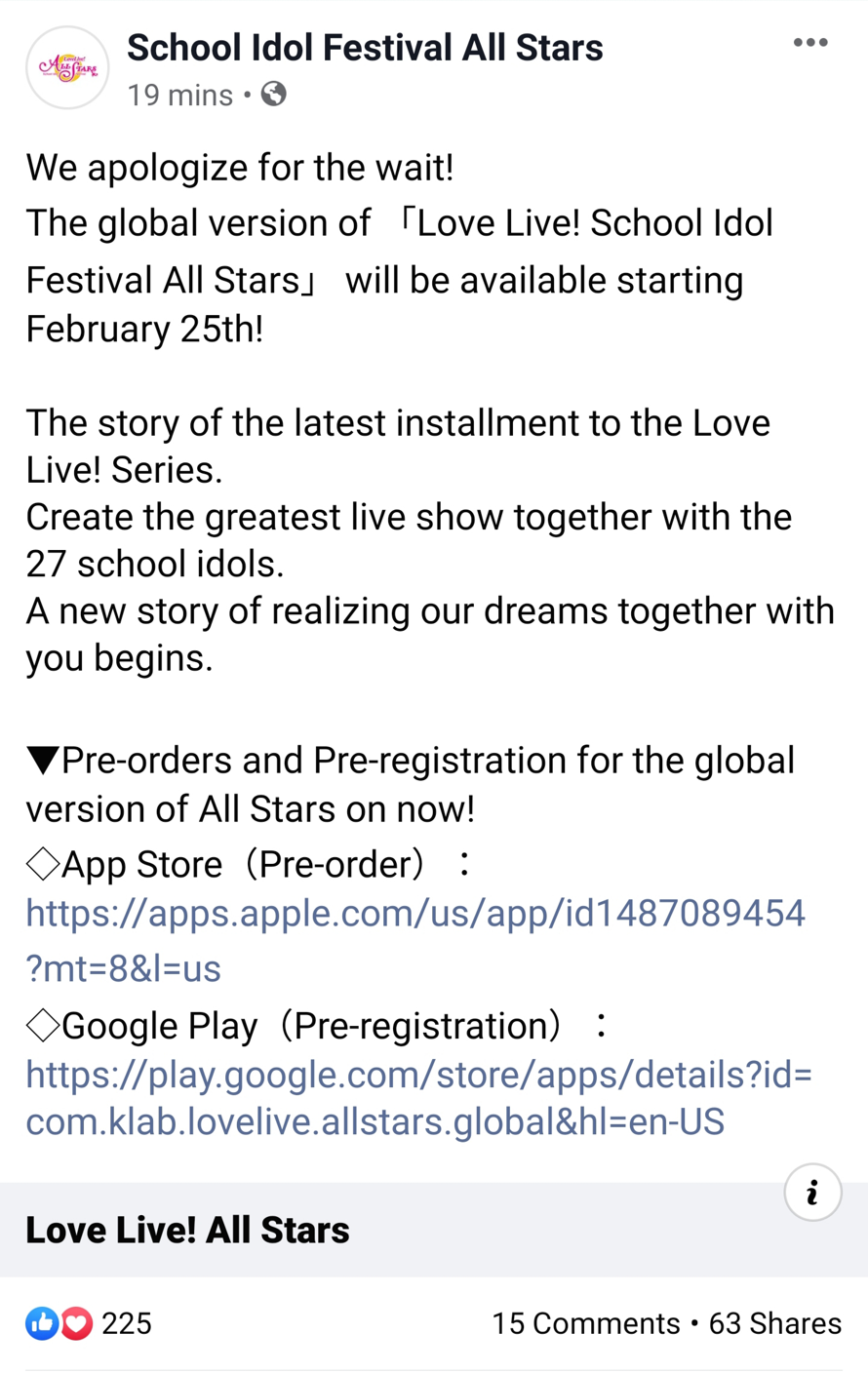 The official SIF All Stars Facebook page has finally confirmed February 25 as the official global...