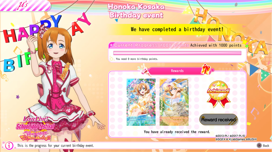 Finally I clear the Honoka birthday event on After School Activity PS4. 😌