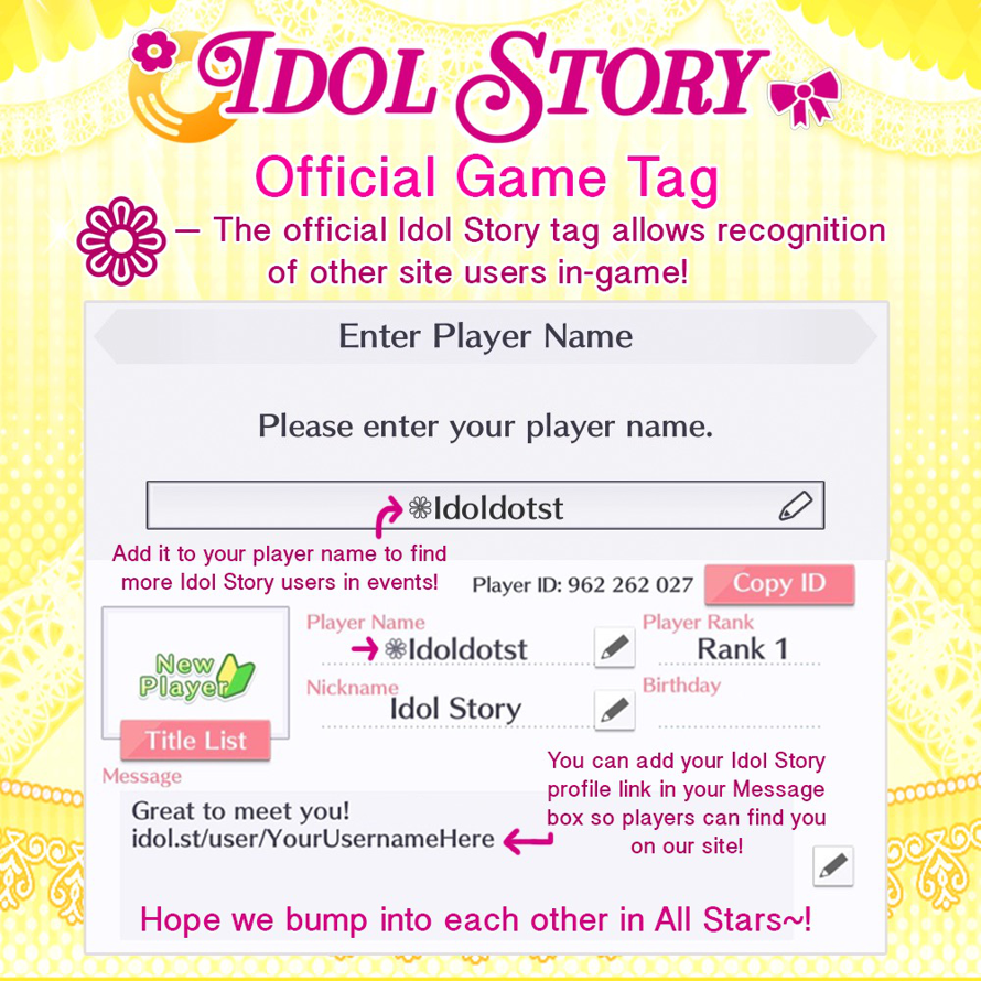Introducing the **🌼 Idol Story 🎀 Official All Stars Game Tag:** ❁ !