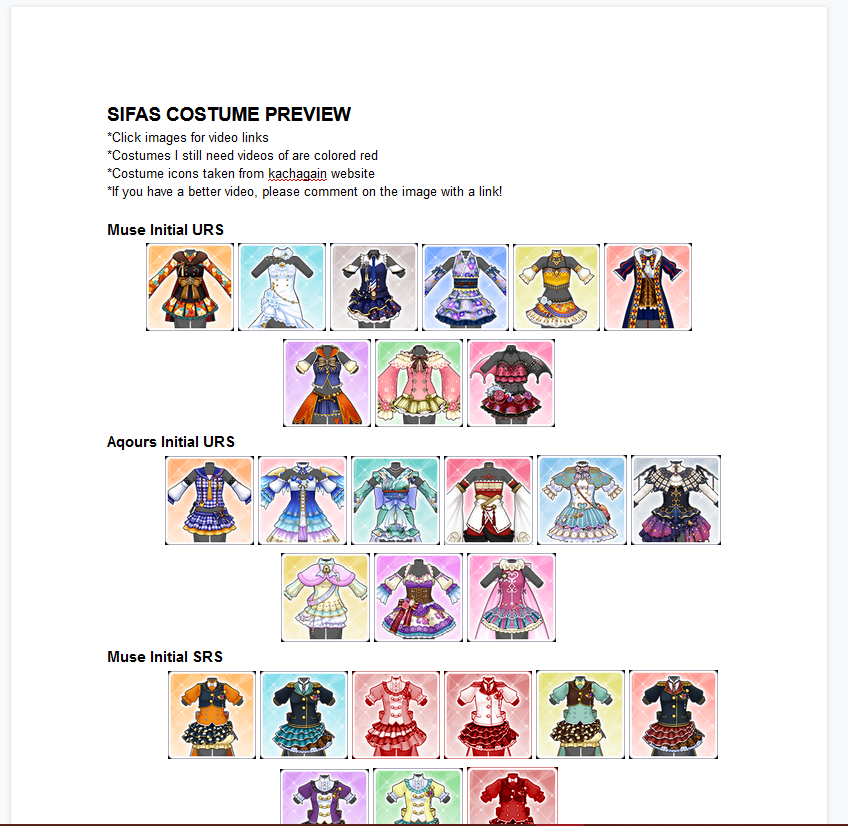 I'm making a Google Doc with links to video previews of every costume, and I could really use some...