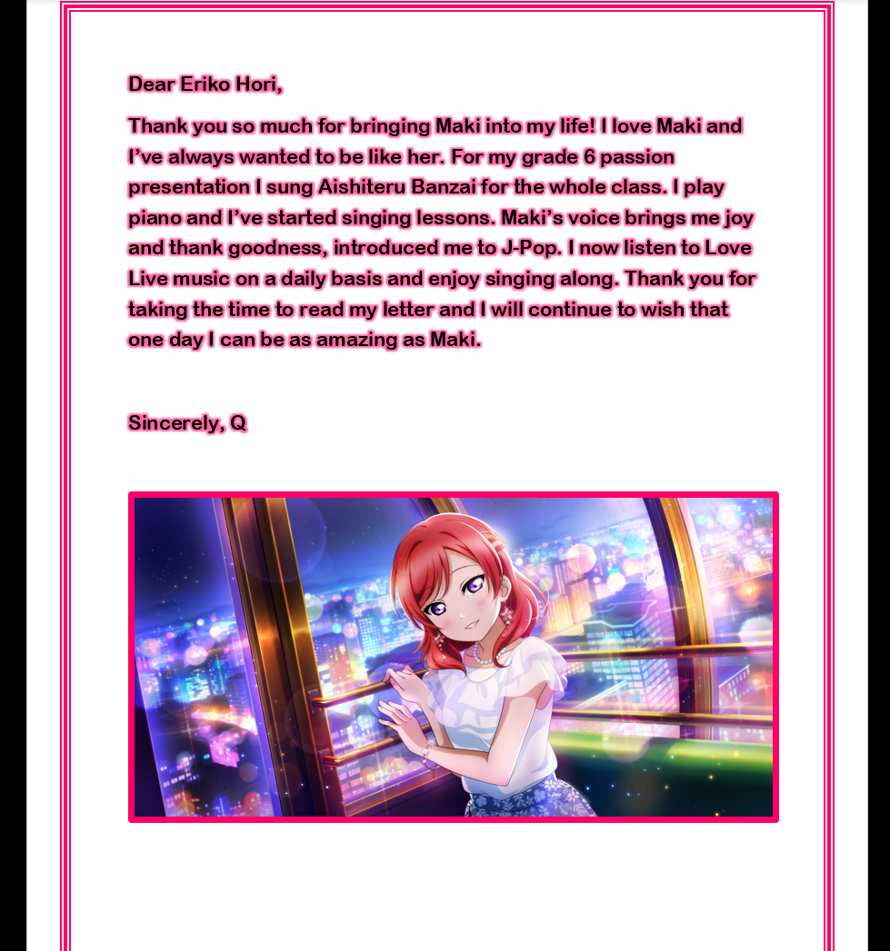 This is my letter to Maki and I hope I bring joy and happiness to whoever is reading it! <3